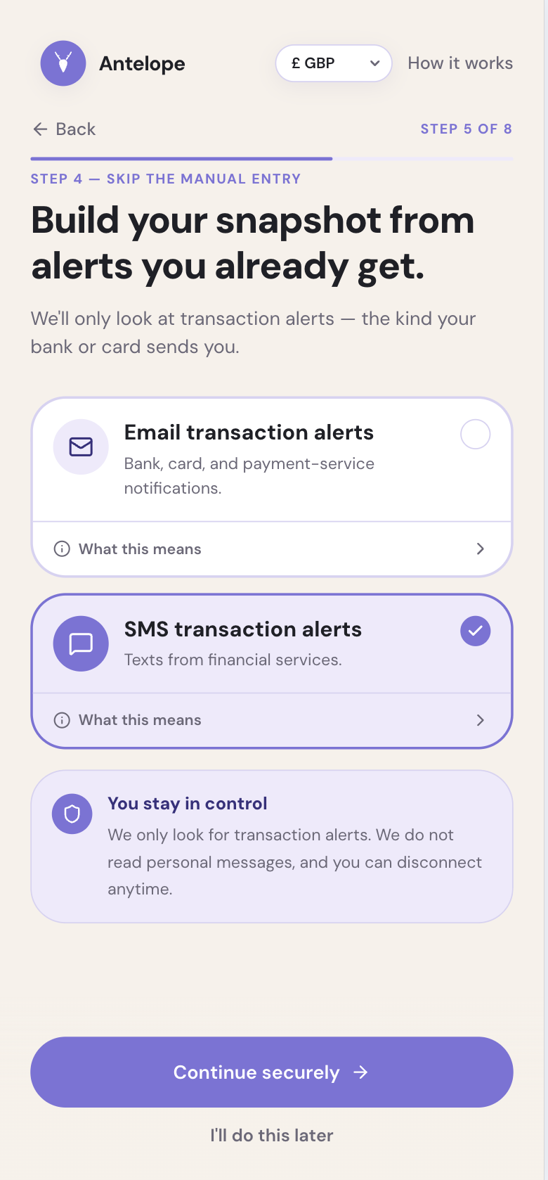 Antelope Wealth permission prompt screen explaining how transaction-alert signals help create a first money snapshot.