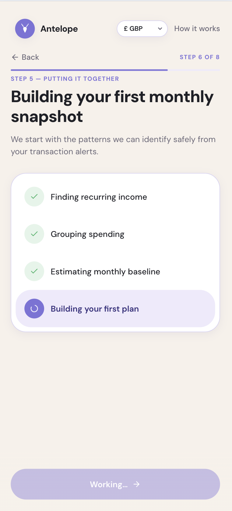 Step 6 loading screen where Antelope Wealth builds the user's first monthly snapshot from goals, income basics and transaction signals.