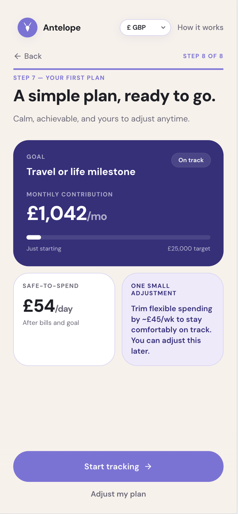 Step 8 first-plan screen presenting a simple suggested money plan based on the user's goal and first snapshot.
