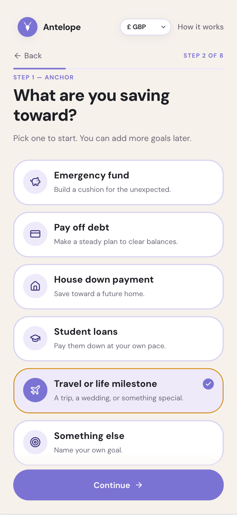 Step 2 screen where the user chooses a savings or money goal inside the Antelope Wealth onboarding flow.