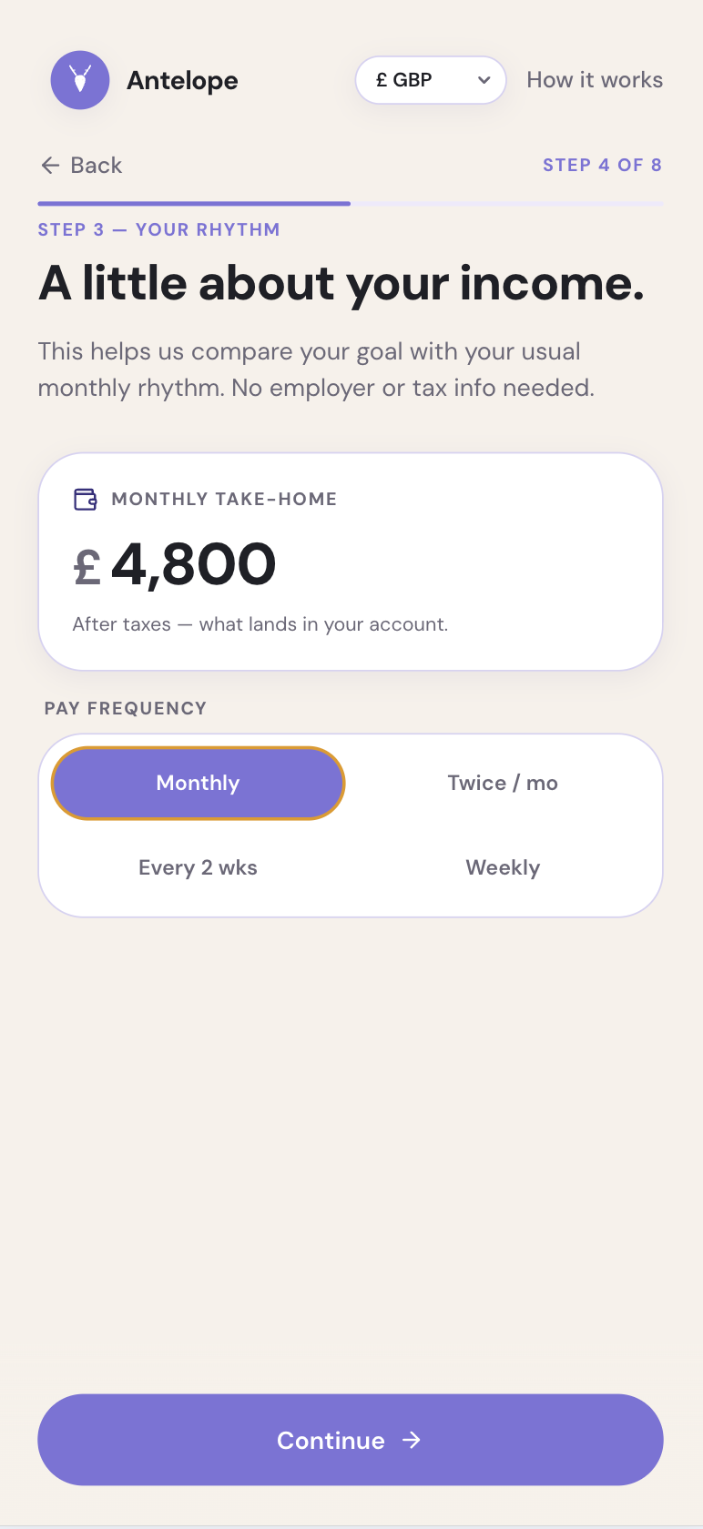 Step 4 screen capturing the user's income rhythm with straightforward monthly income details.