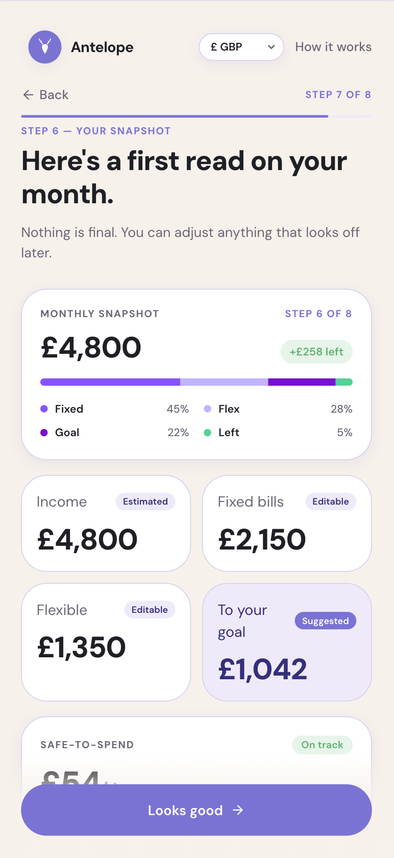 Step 7 review screen showing the first Antelope Wealth monthly snapshot with income, spending and progress signals in one place.