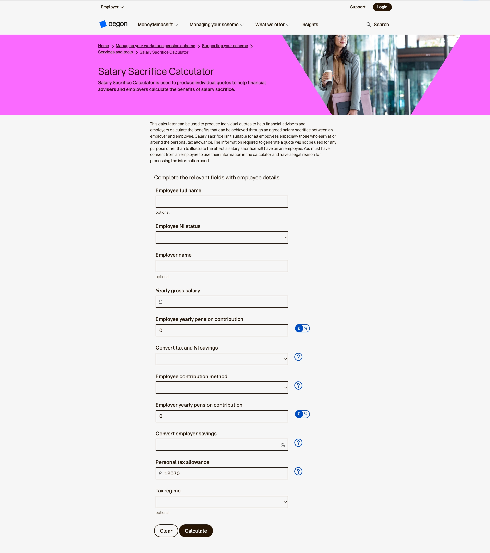 Desktop view of the Aegon salary-sacrifice calculator with employee detail and salary input fields
