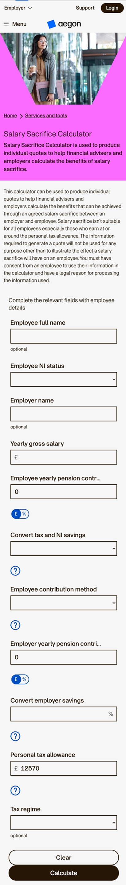Mobile view of the Aegon salary-sacrifice calculator showing the responsive form flow