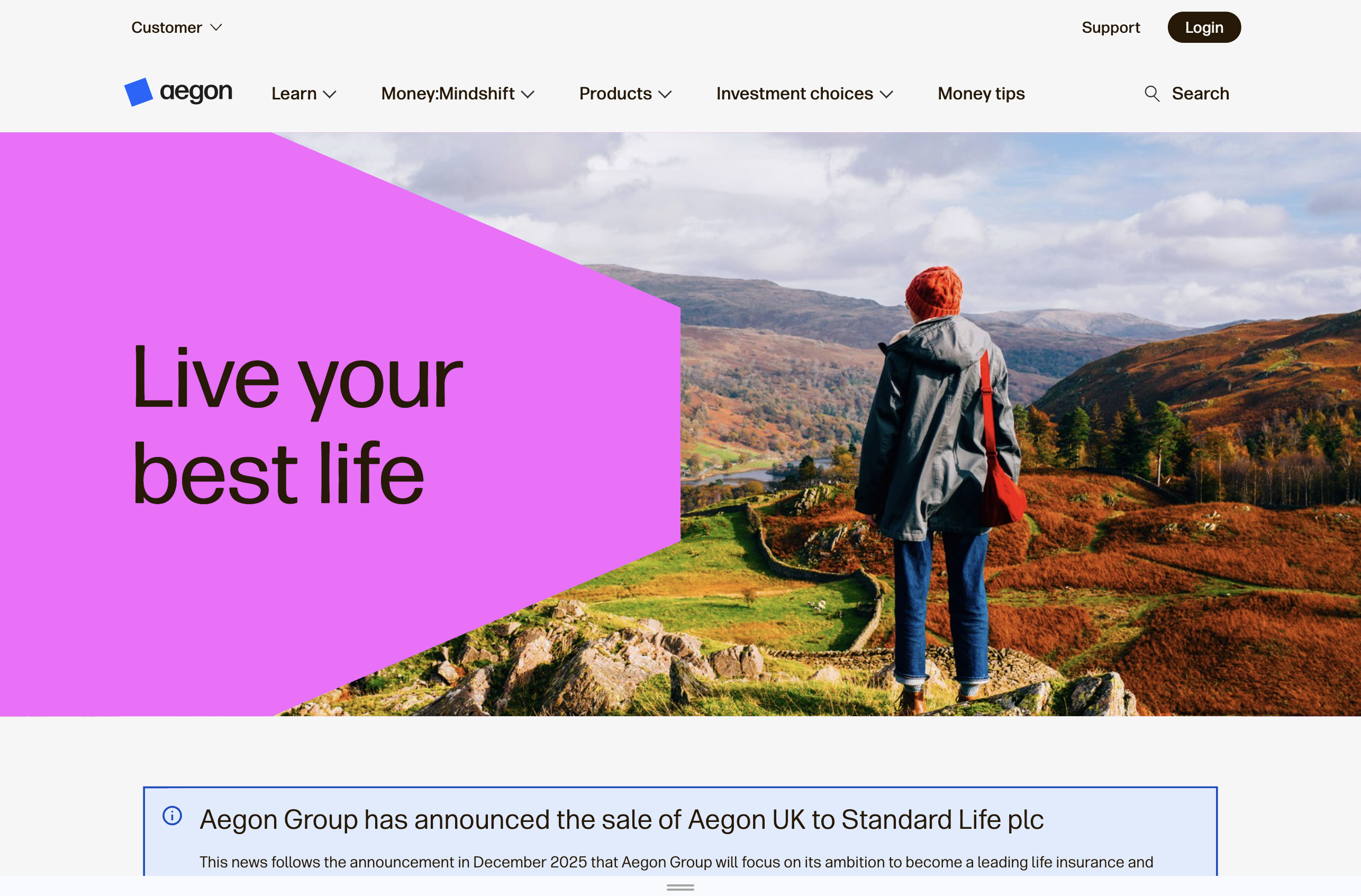 Desktop view of the Aegon website homepage showing the Live your best life hero and service announcement