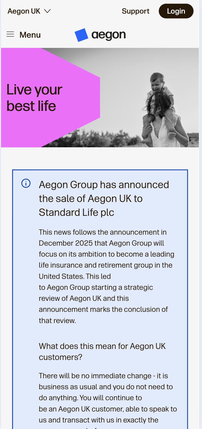 Mobile view of the Aegon website homepage showing the responsive hero and service announcement