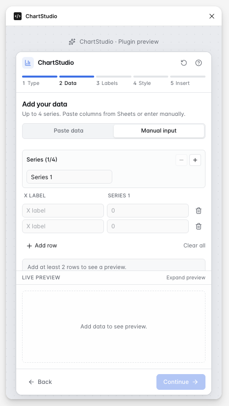 ChartStudio data input screen showing manual data entry fields for a chart series, with a live preview area below.