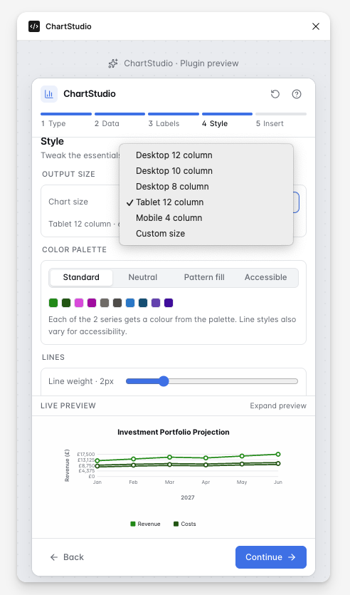 ChartStudio responsive size selection screen with desktop, tablet, mobile and custom output options.