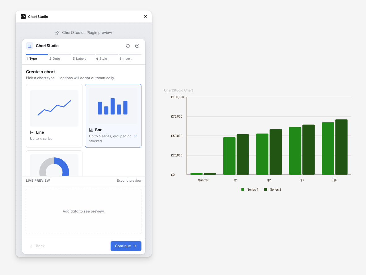 ChartStudio data visualisation plugin cover showing chart builder interface and live canvas previews.