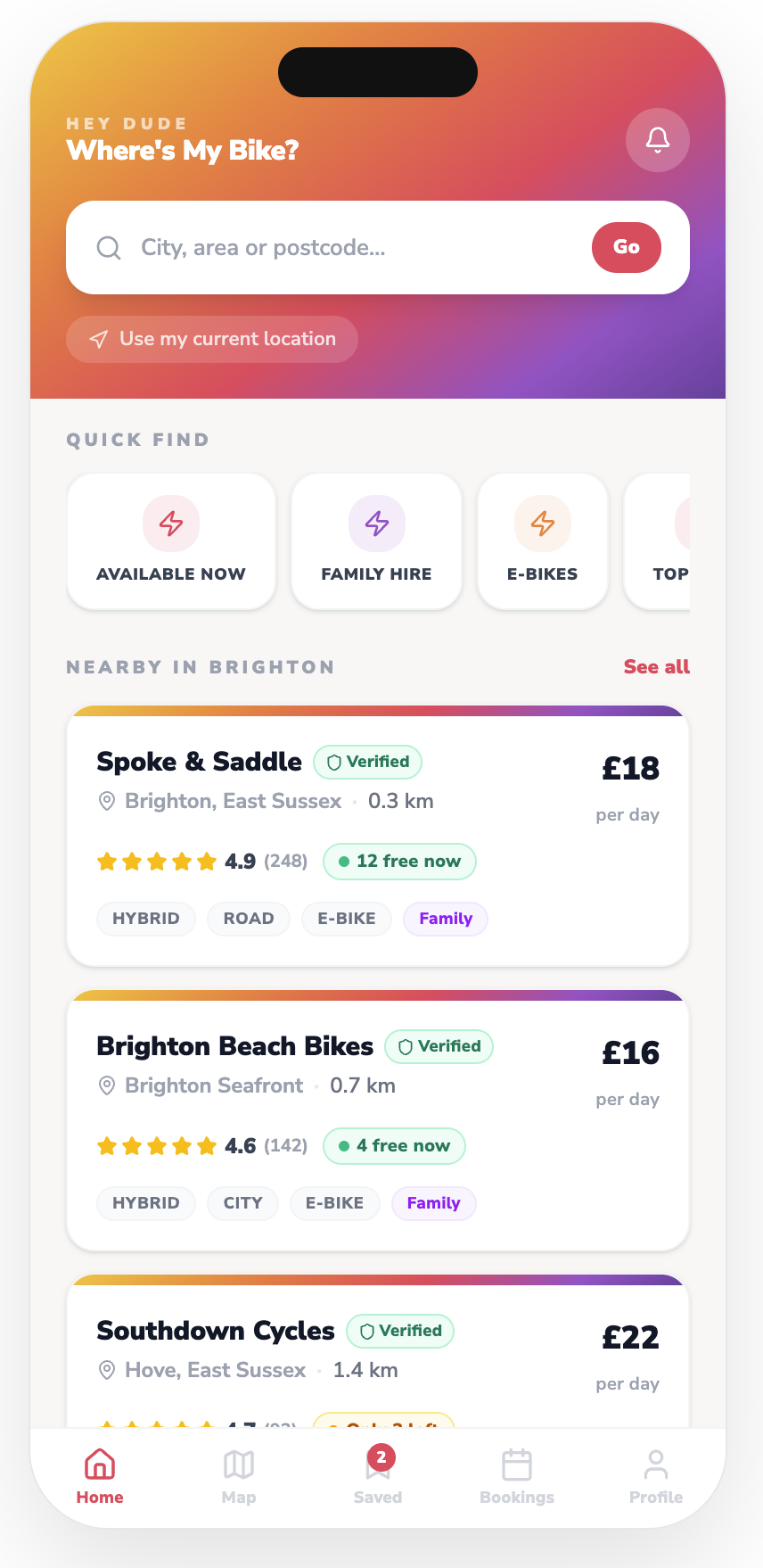 Dude, Where’s My Bike? mobile bike hire product interface